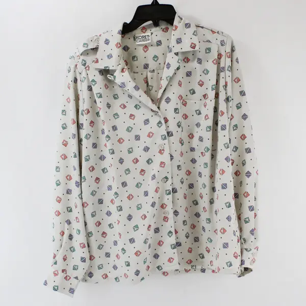 Vintage 1980s Koret Career Women's XL Gray Pastel Geometric Blouse FLAWED