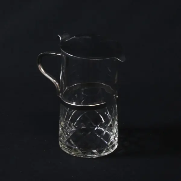 Clear Pressed Glass Syrup Milk Water Pitcher Metal Rim 4 Inch