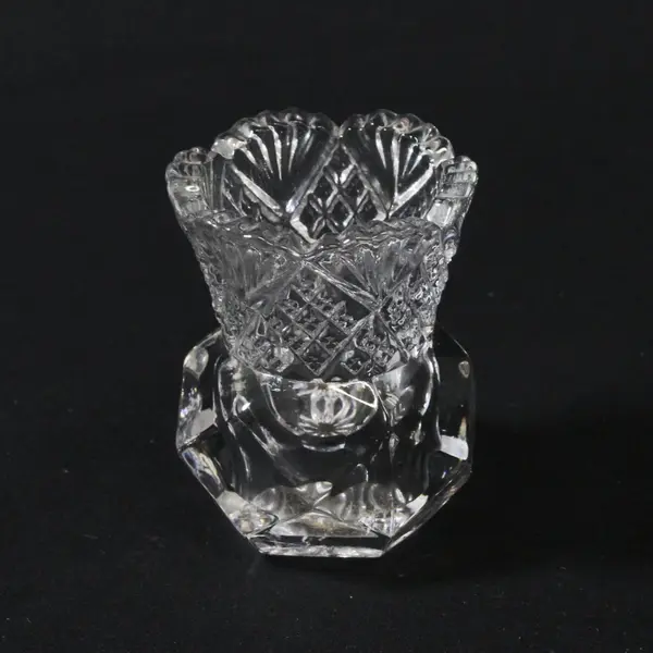 Pressed Glass Toothpick Holder Bud Vase Faceted Scalloped Rim 2.75 in