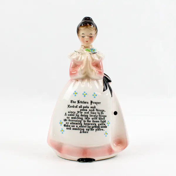 Vintage 1950s Enesco Pink Prayer Lady Egg Timer Figurine Missing Hourglass