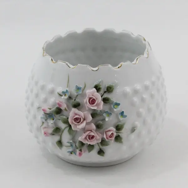 Lefton China #823 White Hobnail Rose Floral Vase Planter