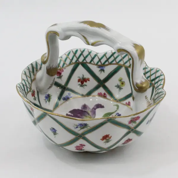 Elios Hand Painted Floral Plaid Porcelain Handled Basket Bowl