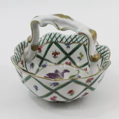Elios Hand Painted Floral Plaid Porcelain Handled Basket Bowl