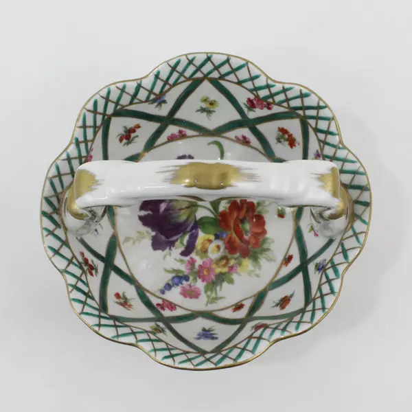 Elios Hand Painted Floral Plaid Porcelain Handled Basket Bowl
