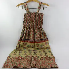 Women's Vintage Floral Smocked Midi Dress Size 6 Red Blue Beige
