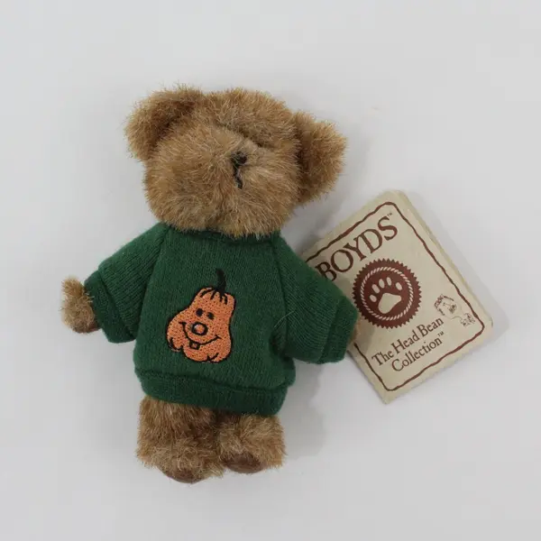 Vintage Boyds Miniature Plush Teddy Bear w/Green Pumpkin Sweater, 4"T #567046