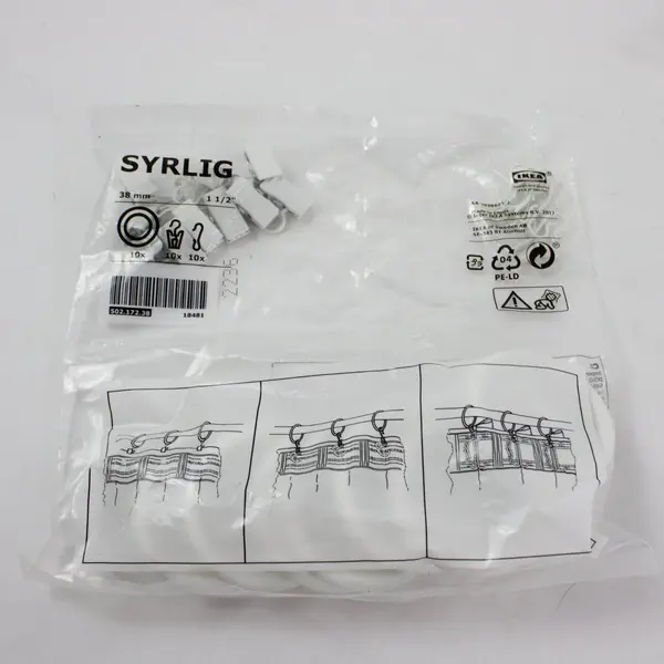 IKEA SYRLIG Curtain Rings 502.172.38 White 2 Packs with Clips Hooks Extra Clips