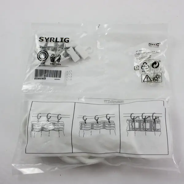 IKEA SYRLIG Curtain Rings 502.172.38 White 2 Packs with Clips Hooks Extra Clips
