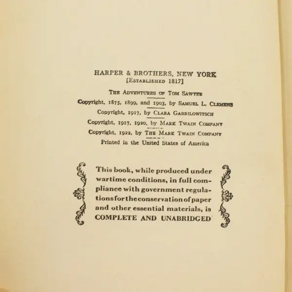 1922 Hardcover The Adventures of Tom Sawyer Mark Twain Harper & Brothers Good