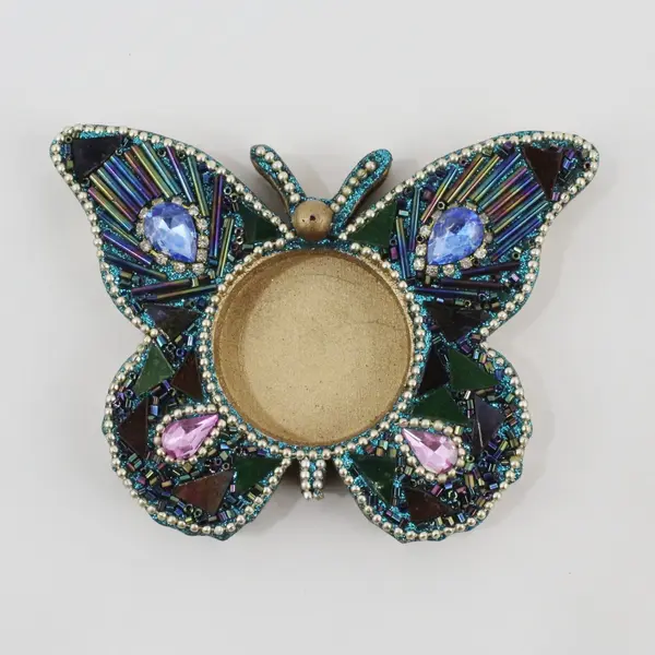 Pier 1 Mosaic Butterfly Tealight Candle Holder Jeweled Beaded Gold Tone