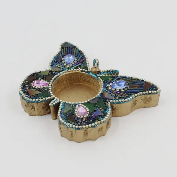 Pier 1 Mosaic Butterfly Tealight Candle Holder Jeweled Beaded Gold Tone