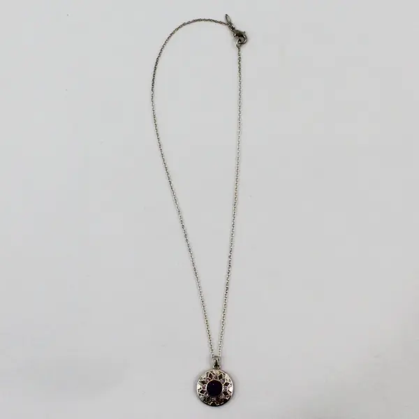 SHA Purple Floral Pendant Necklace Silver Tone Round Purple Stone 16 Inch
