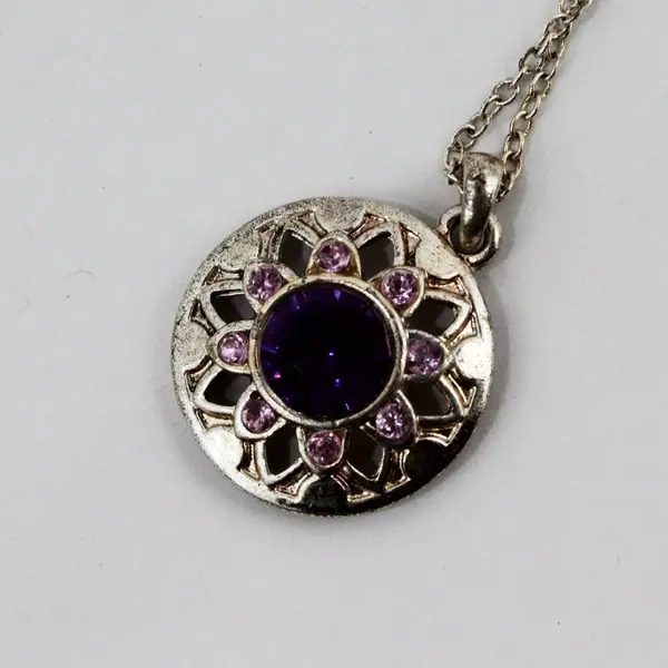 SHA Purple Floral Pendant Necklace Silver Tone Round Purple Stone 16 Inch