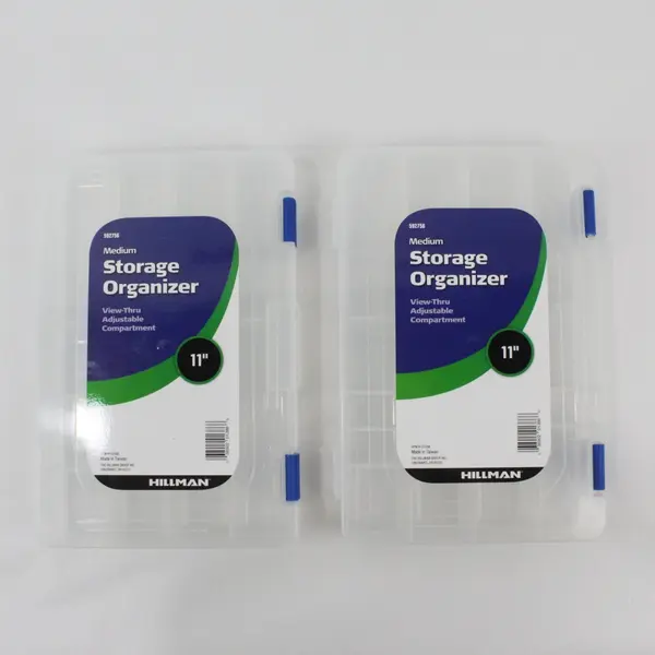Lot of 2 Hillman Medium Storage Organizer 11in Clear Plastic Case Blue Latches