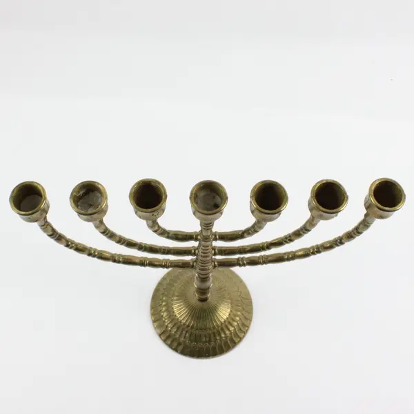 Vintage Seven-Branched Brass Menorah Ribbed Flared Base Judaica
