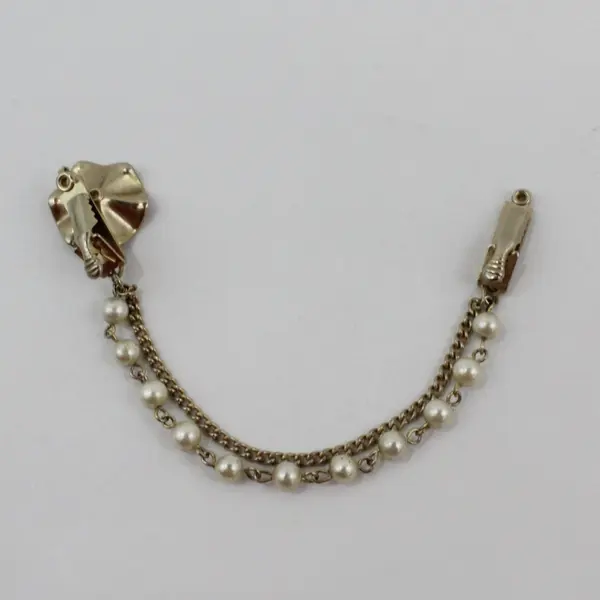 Gold Tone Faux Pearl Flower Lapel Collar Chain 5 Inch