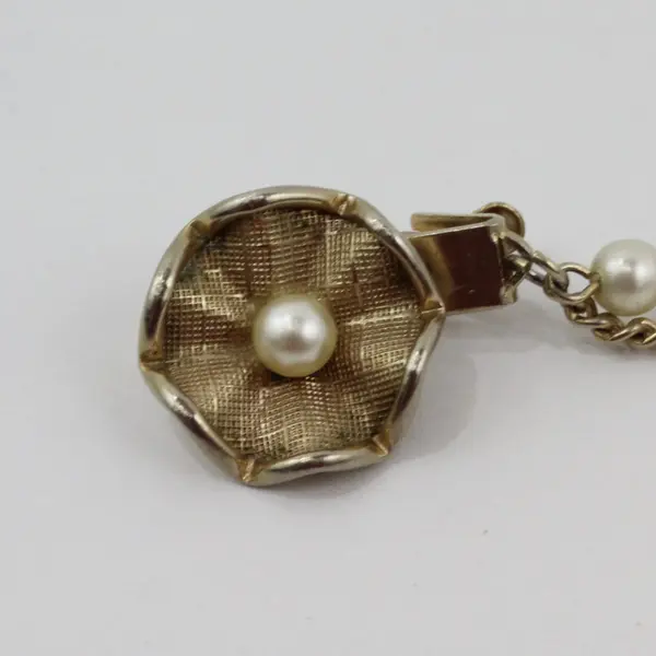Gold Tone Faux Pearl Flower Lapel Collar Chain 5 Inch