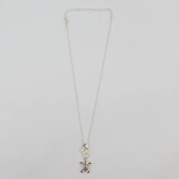 Silver Tone Sea Turtle Plumeria Multicolor Rhinestone Pendant Necklace