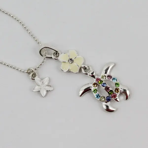 Silver Tone Sea Turtle Plumeria Multicolor Rhinestone Pendant Necklace