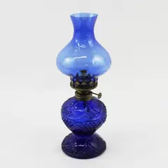 Vtg 11.5" Cobalt Blue Glass Oil Lamp Made In Hong Kong Diamond Floral Pattern