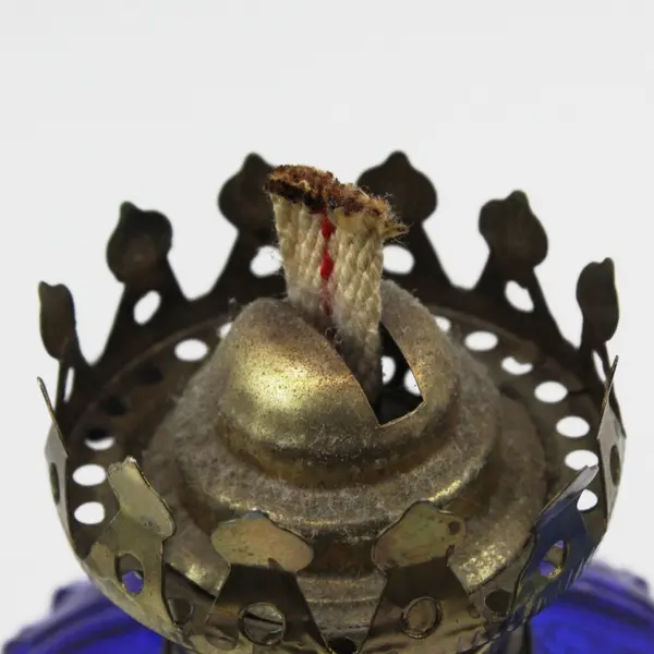 Vtg 11.5" Cobalt Blue Glass Oil Lamp Made In Hong Kong Diamond Floral Pattern