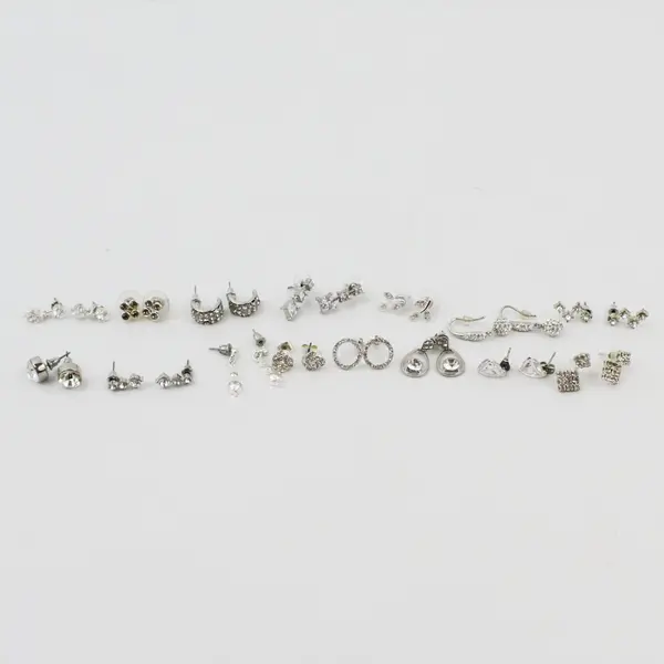 15 Pairs Silver Tone Clear Rhinestone Stud Dangle Earrings