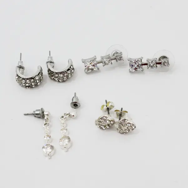 15 Pairs Silver Tone Clear Rhinestone Stud Dangle Earrings