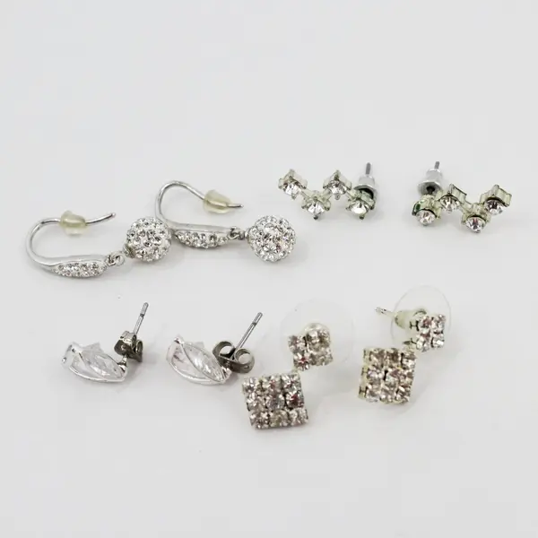 15 Pairs Silver Tone Clear Rhinestone Stud Dangle Earrings