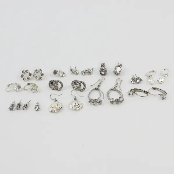 14 Pair Lot Mixed Silver Tone Rhinestone Earrings Studs Dangles Hoops