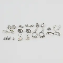 14 Pair Lot Mixed Silver Tone Rhinestone Earrings Studs Dangles Hoops