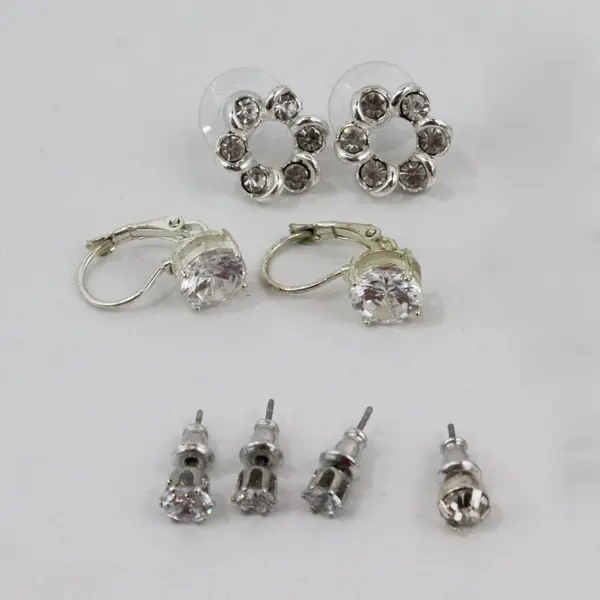 14 Pair Lot Mixed Silver Tone Rhinestone Earrings Studs Dangles Hoops