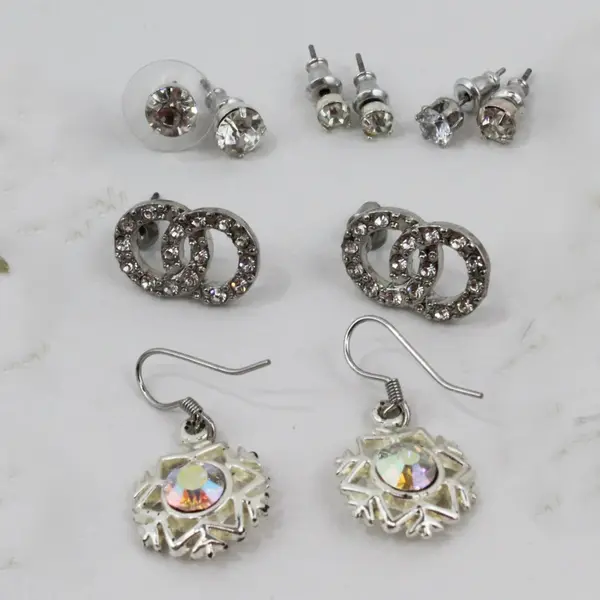 14 Pair Lot Mixed Silver Tone Rhinestone Earrings Studs Dangles Hoops