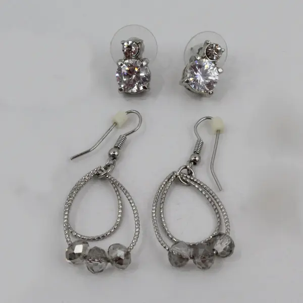 14 Pair Lot Mixed Silver Tone Rhinestone Earrings Studs Dangles Hoops