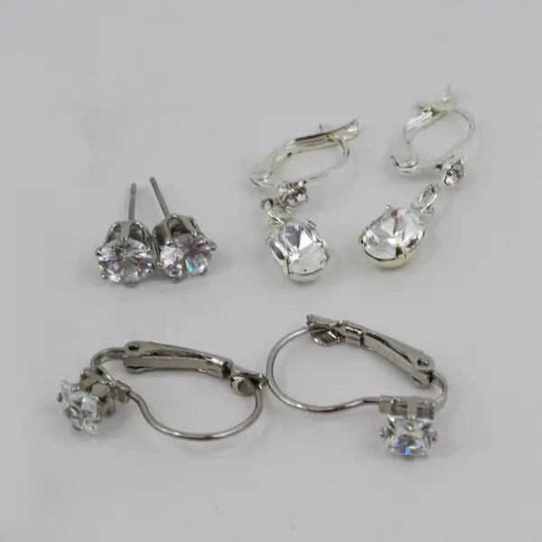 14 Pair Lot Mixed Silver Tone Rhinestone Earrings Studs Dangles Hoops