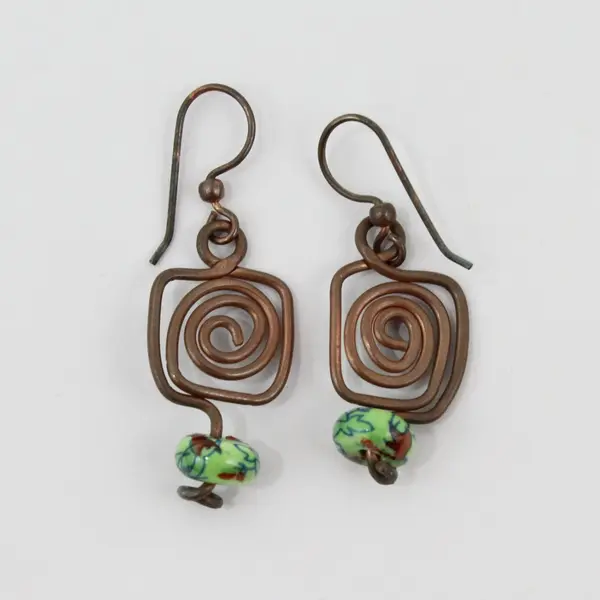 Handmade Wire-Wrapped Ceramic Bead Dangle Earrings Green