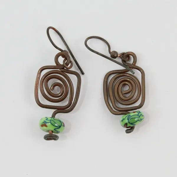 Handmade Wire-Wrapped Ceramic Bead Dangle Earrings Green