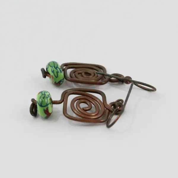 Handmade Wire-Wrapped Ceramic Bead Dangle Earrings Green