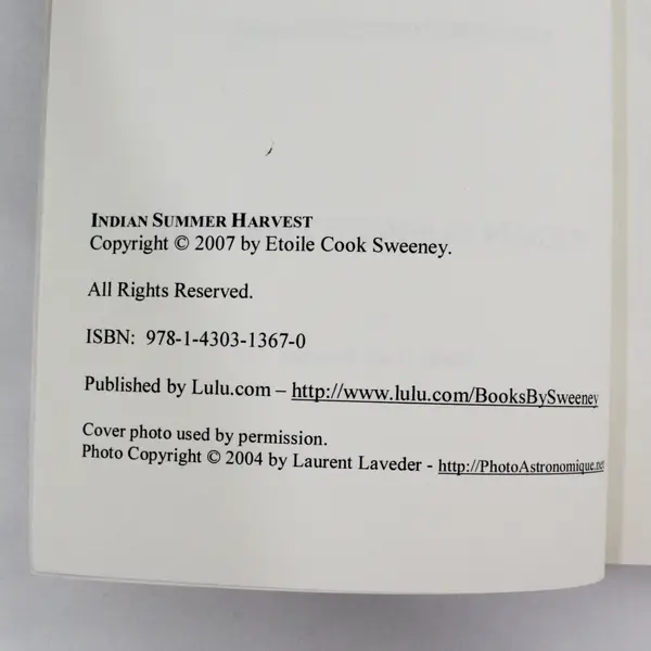Indian Summer Harvest Etoile Cook Sweeney 2007 Paperback Novel Signed by Author