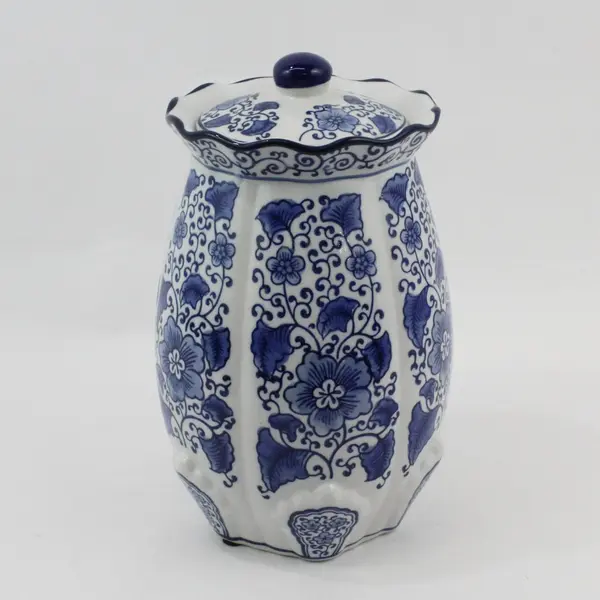 Ceramic 11" Ginger Jar Cookie Jar w/ Lid Blue & White Floral Pattern
