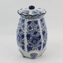 Ceramic 11" Ginger Jar Cookie Jar w/ Lid Blue & White Floral Pattern