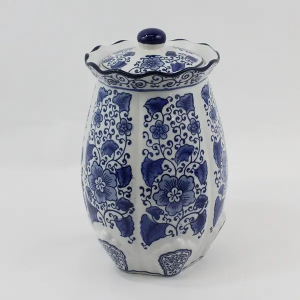 Ceramic 11" Ginger Jar Cookie Jar w/ Lid Blue & White Floral Pattern