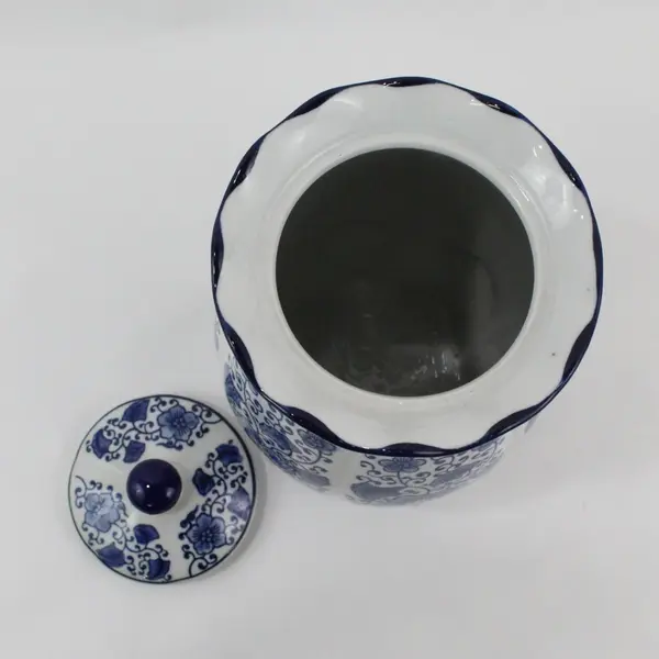 Ceramic 11" Ginger Jar Cookie Jar w/ Lid Blue & White Floral Pattern