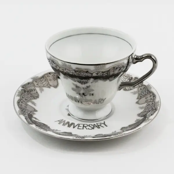 Vintage 25th Silver Anniversary China Footed Cup And Saucer Set Silver Bells