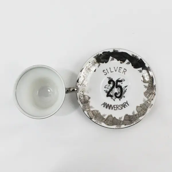 Vintage 25th Silver Anniversary China Footed Cup And Saucer Set Silver Bells