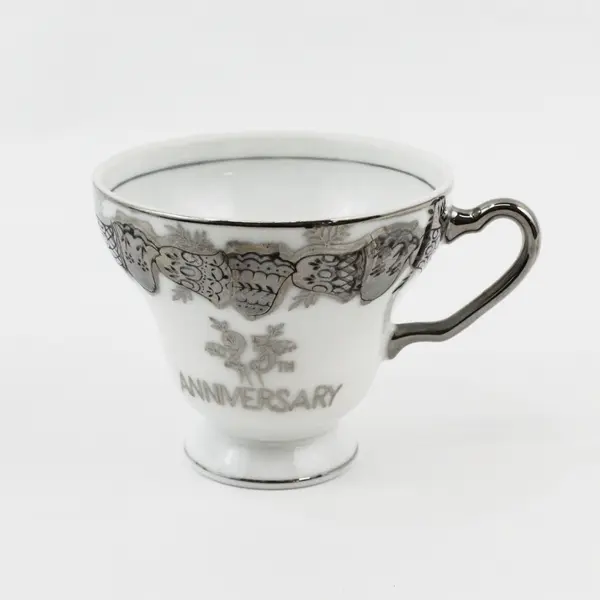 Vintage 25th Silver Anniversary China Footed Cup And Saucer Set Silver Bells