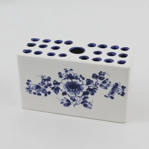 Rectangular Blue And White Ceramic Flower Frog Floral Pattern