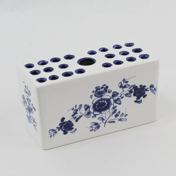 Rectangular Blue And White Ceramic Flower Frog Floral Pattern