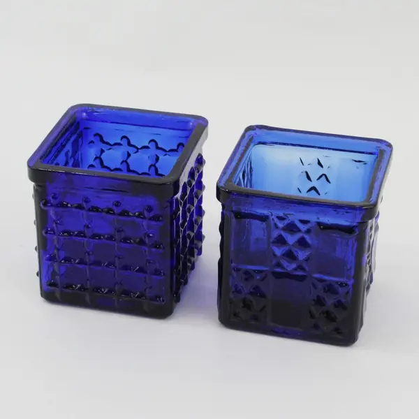 Pair of Cobalt Blue Glass Square Embossed Votive Candle Holders
