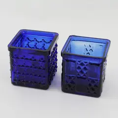 Pair of Cobalt Blue Glass Square Embossed Votive Candle Holders