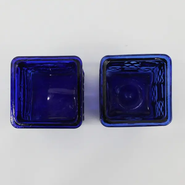 Pair of Cobalt Blue Glass Square Embossed Votive Candle Holders